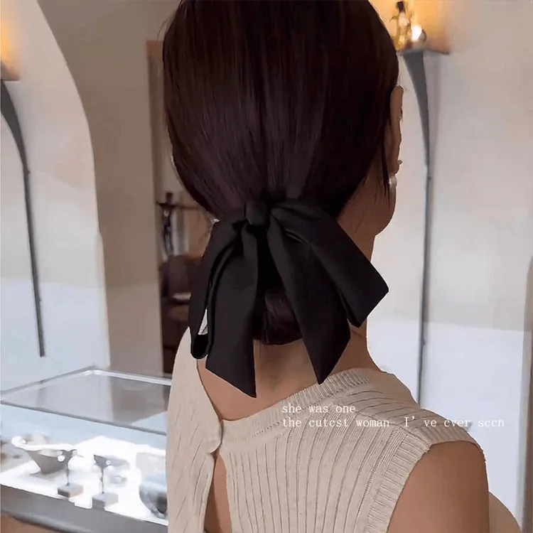 气质低丸子头黑色缎面蝴蝶结弹簧夹头饰2025新款后脑勺马尾发夹女