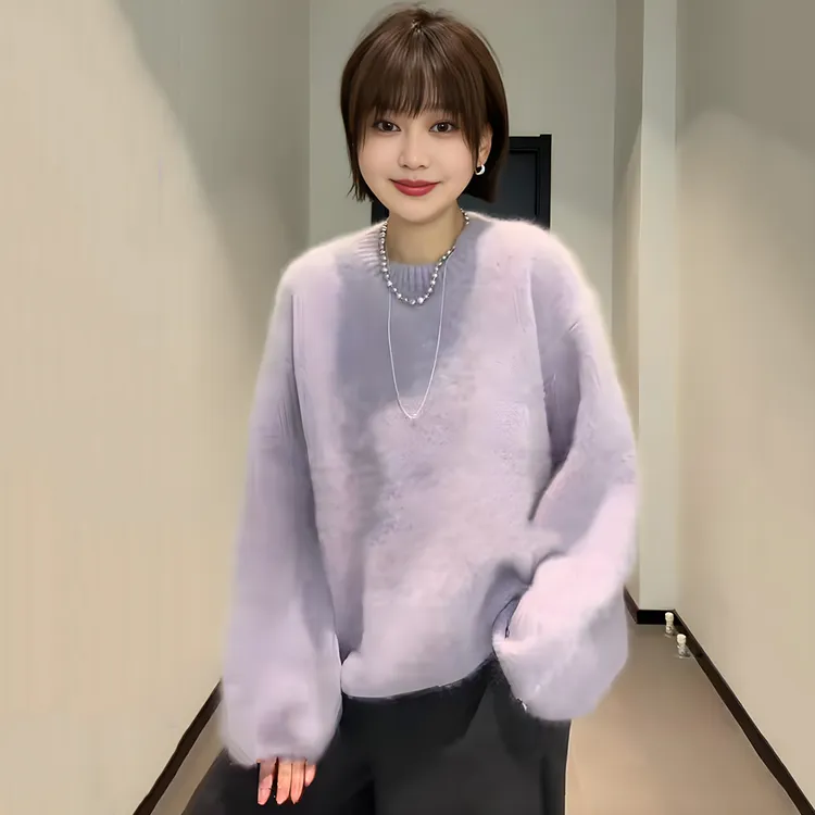 大码女装温柔显白紫色毛衣针织衫秋冬胖mm宽松显瘦内搭打底衫上衣