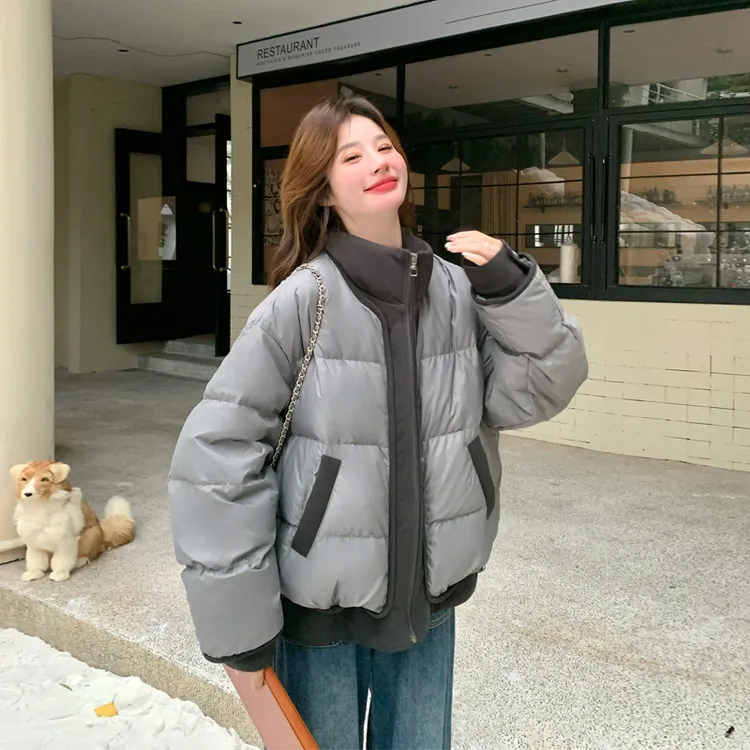 小众韩版极简风灰色羽绒服2025冬季新款百搭休闲风90白鸭绒面包服