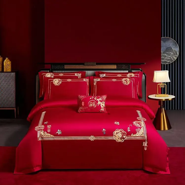 【麒麟送子】亲肤棉简约奢侈中式结婚喜庆大红色绣花婚庆婚被