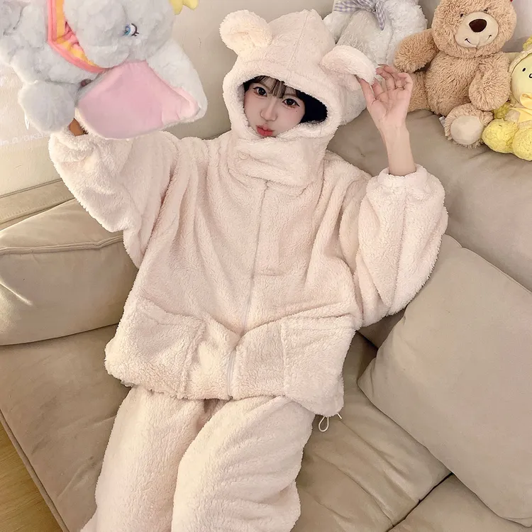 加厚加绒珊瑚绒睡衣女秋冬季可外穿连帽家居服套装冬天2025新款