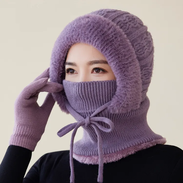 女冬一体加绒帽子中老年妈妈毛线帽老人奶奶骑车骑行防寒保暖帽