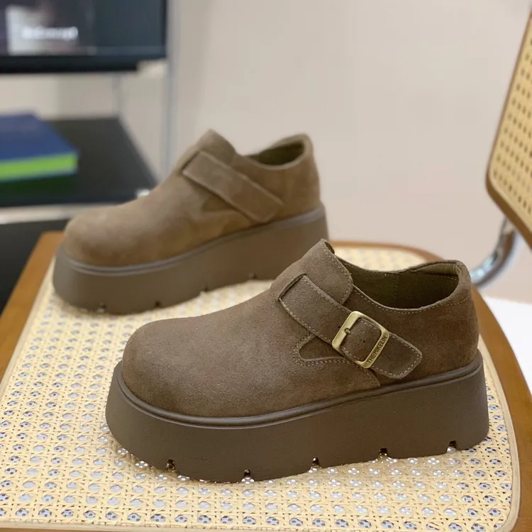 小个子内增高全包勃肯鞋女2025秋冬新款复古厚底魔术贴大头乐福鞋