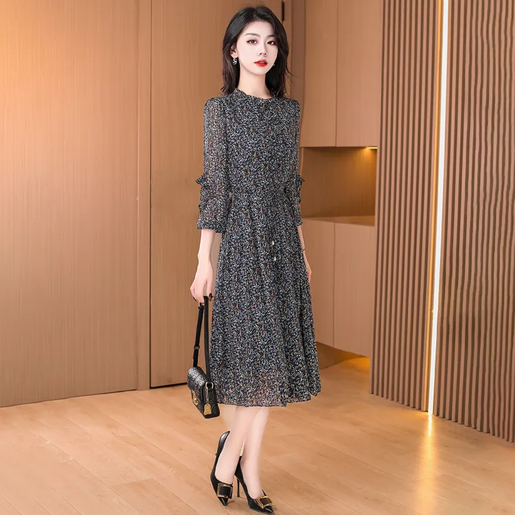 碎花雪纺长袖连衣裙女夏春秋2025新款妈妈气质高端品牌广州十三行