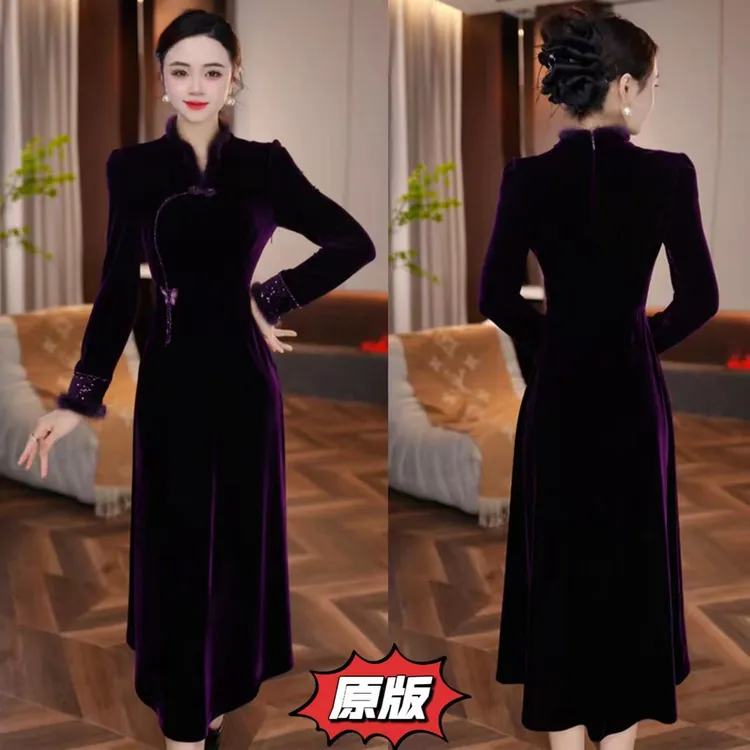 【彩棠晓梦】高档丝绒时尚连衣裙2025秋冬新款显瘦洋气轻奢加厚裙子