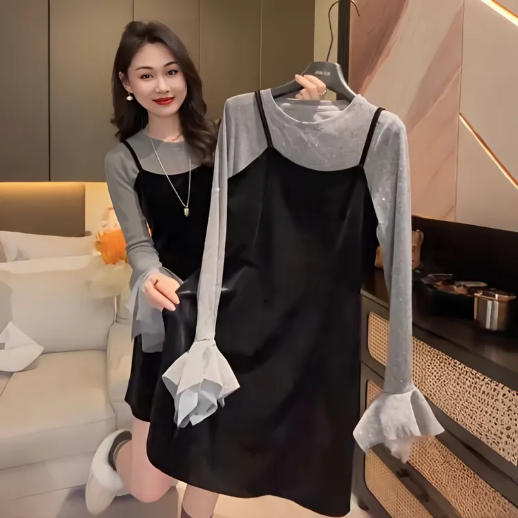 2025法式名媛套装冬季新款高级长袖显瘦T恤黑色吊带裙时尚两件套