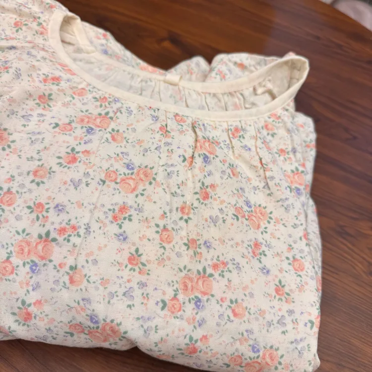 『舒伴家』碎花棉纱宽松套头长袖松紧腰阔腿长裤家居服套装