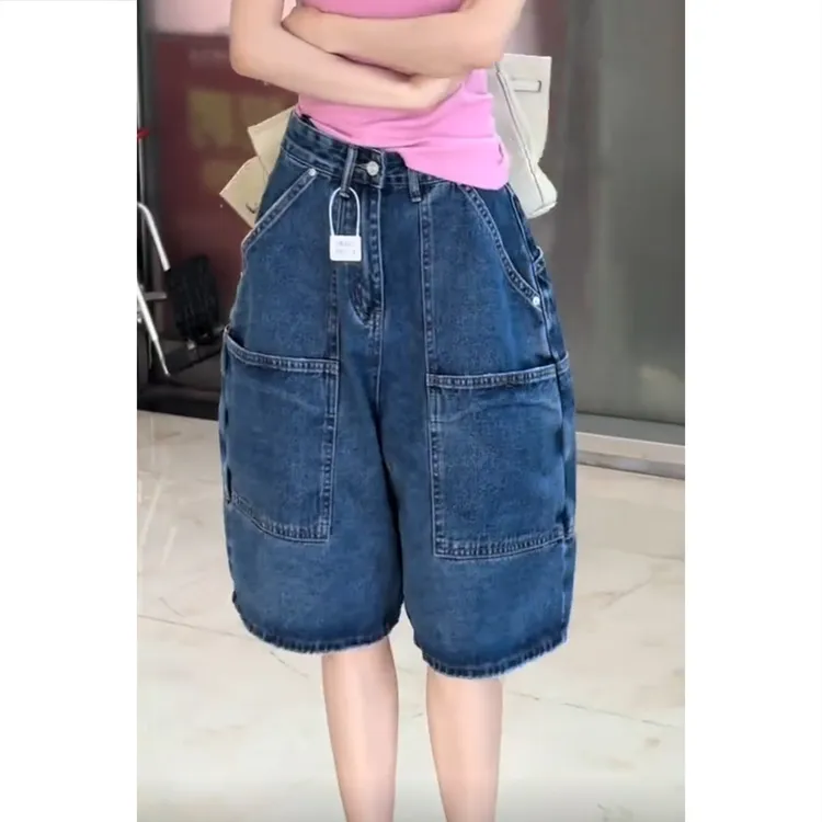 多口袋深蓝色五分牛仔裤子女夏季薄款无弹设计感百搭阔腿牛仔裤子