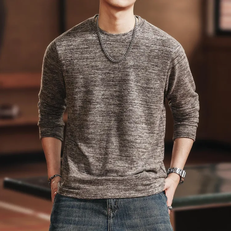 MR.MUDI/穆迪先生美式重磅复古磨毛花纱长袖T恤男秋季宽松打底衫