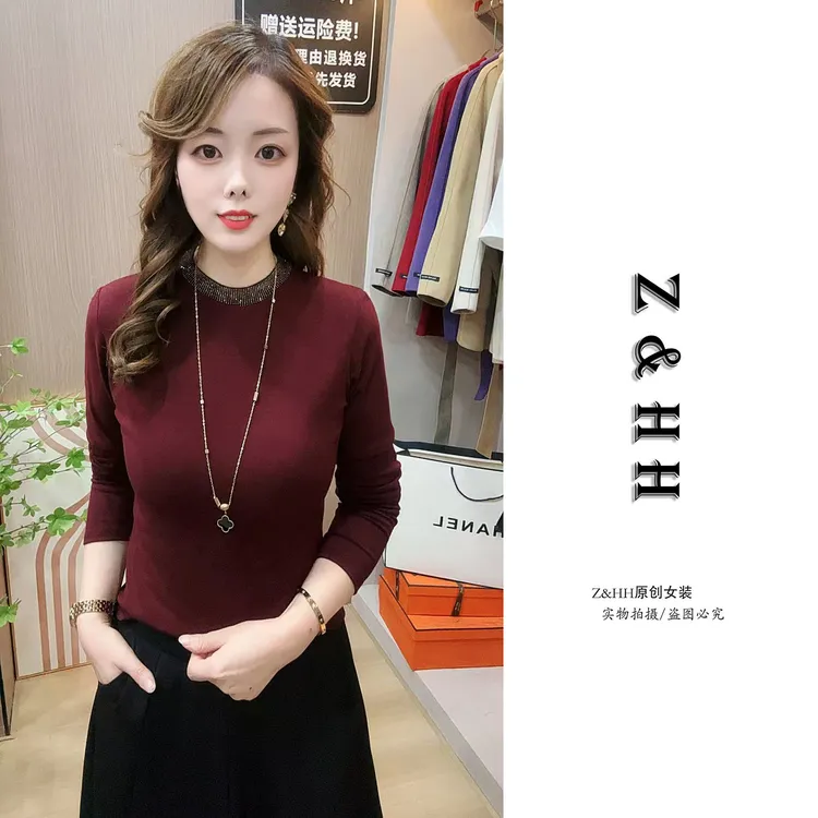 高级感烫钻圆领打底衫女秋季气质时尚修身百搭长袖t恤减龄上衣潮