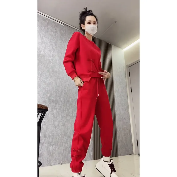 新中式休闲运动套装加绒加厚圆领卫衣两件套2450新年战衣拜年服女