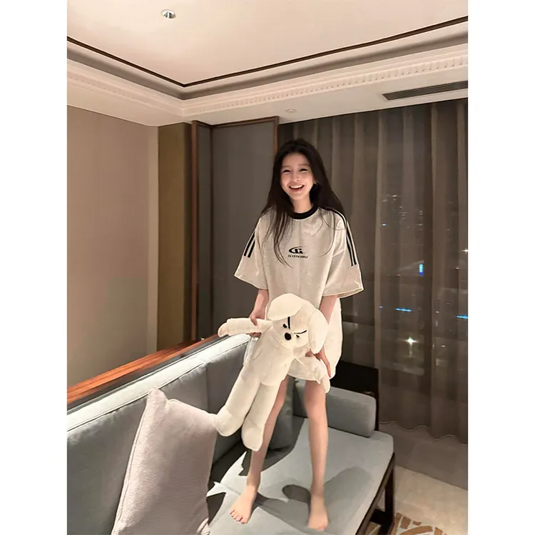 学院风新款三条杠印花短袖2025夏季复古显瘦休闲洋气拼接短袖T恤