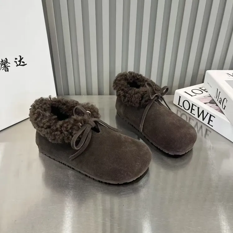 韩系2025今年流行鞋子泰迪卷真皮勃肯鞋系带复古加绒一脚蹬毛毛鞋