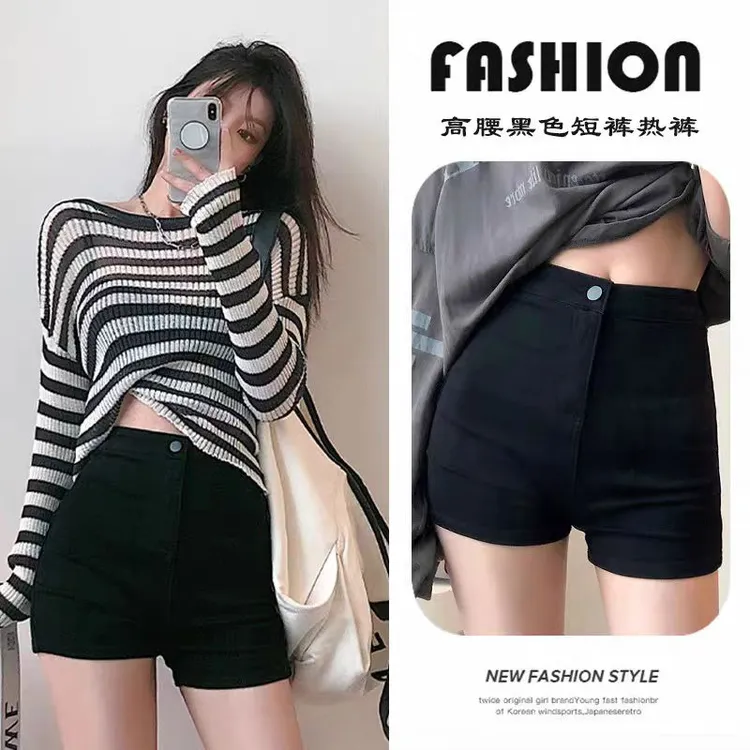 黑色短裤女外穿夏季高腰a字紧身女款小黑裤夏天弹力显瘦辣妹热裤2