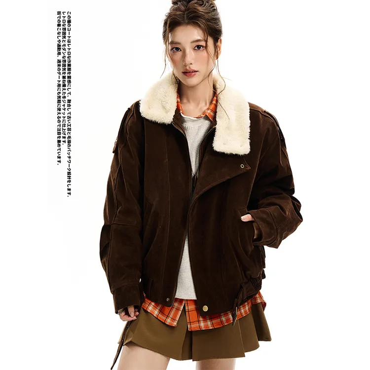 达蒙岛冬季复古美拉德棕色麂皮绒毛领夹棉夹克棉服外套女冬季新款