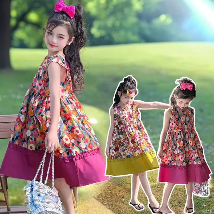儿童女童夏季小女孩时尚棉布裙子时髦拼接公主裙花朵裙好看潮