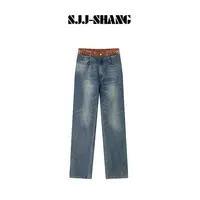 SJJ-SHANG【凯旋蓝牛】复古感皮革拼接重工酵洗高腰牛仔裤q135485p