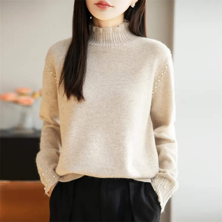 时尚品牌女装秋冬季半高领精纺针织衫打底衫宽松钉珠时尚百搭毛衣