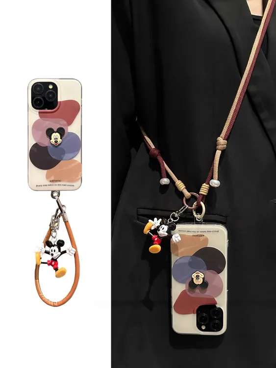 莫兰迪几何方块米奇适用iPhone16promax苹果15手机壳14斜挎13磨砂