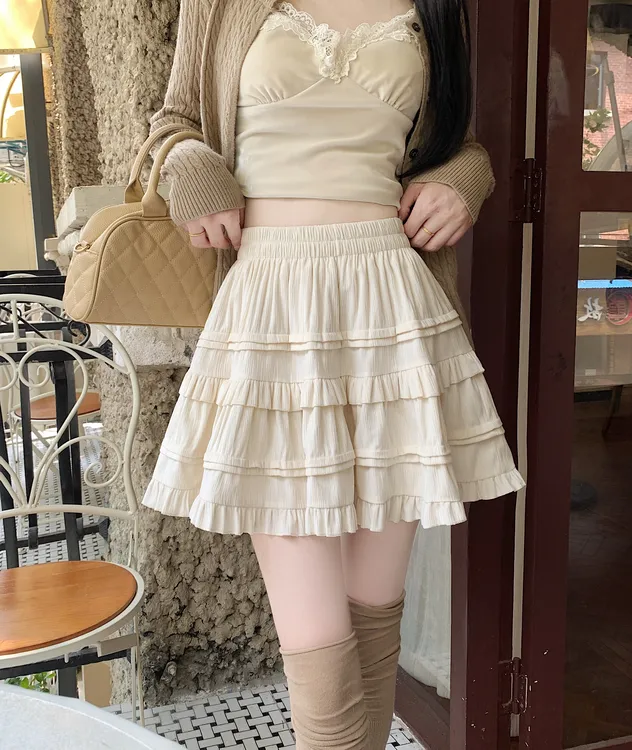甜美减龄木耳边蛋糕半身裙女秋冬小个子高腰A字裙蓬蓬裙 G91