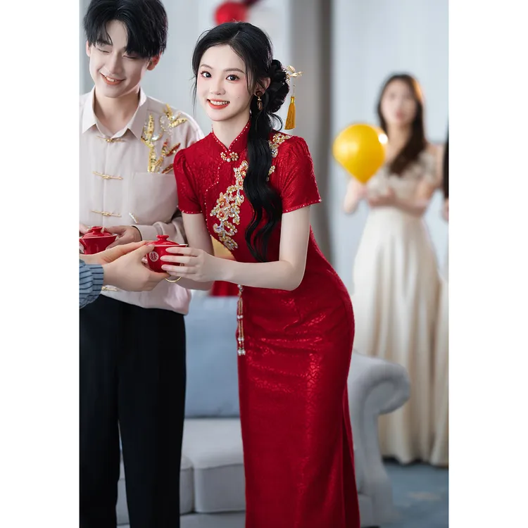 红色旗袍敬酒服新娘新中式订婚礼服裙2025新款结婚回门出阁宴夏季