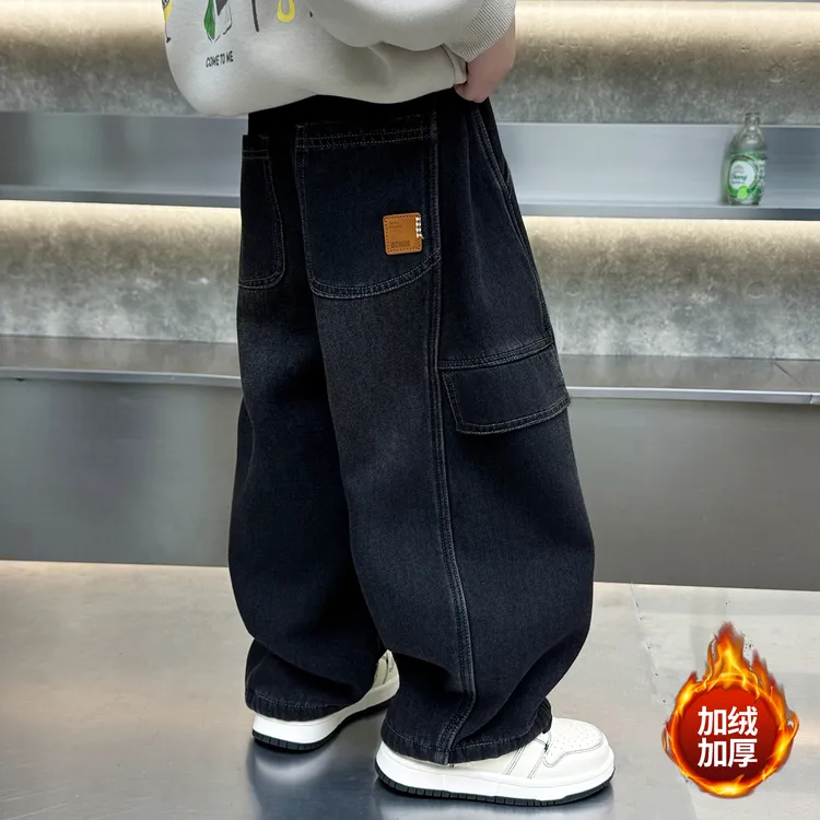 儿童冬季新款加绒牛仔裤2025韩版洋气男童加厚一体绒工装裤潮童装