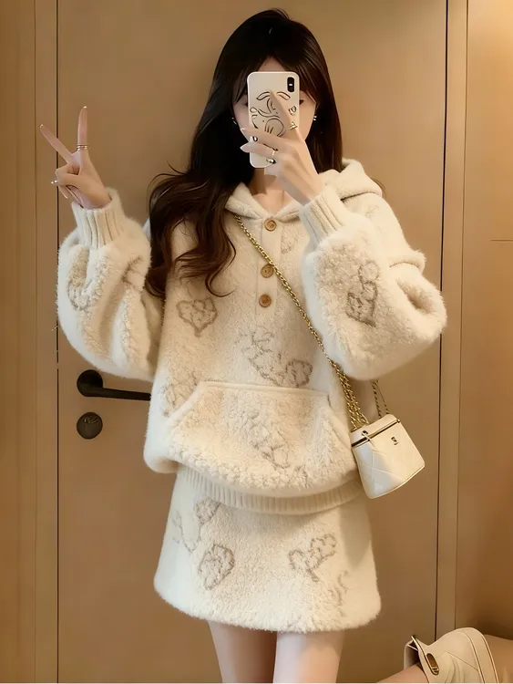 2025新款小香风针织套装女秋冬千金风氛围感连帽毛衣A字裙两件套