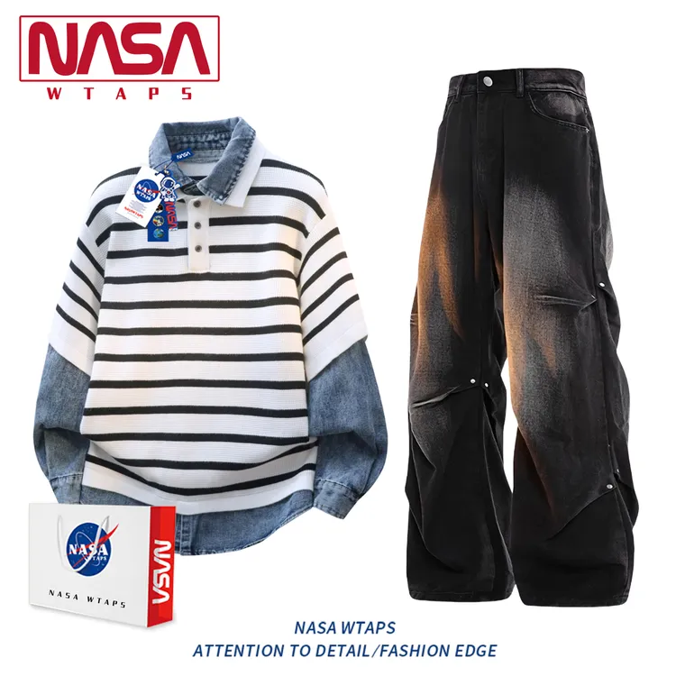 NASA WTAPS美式复古假两件牛仔拼接套装男款春秋季潮流穿搭一整套