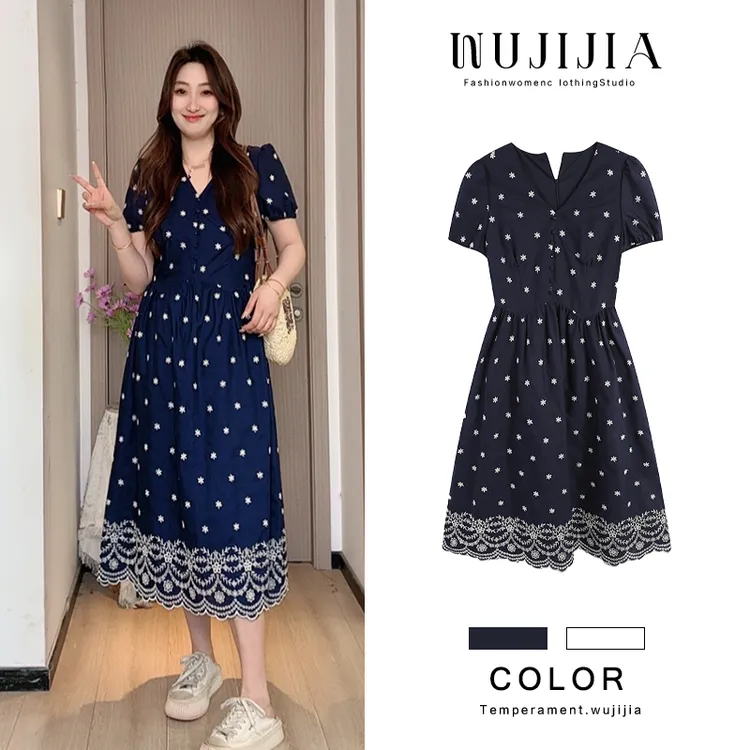 【椰林海风】藏青色连衣裙中长款夏季收腰碎花气质裙子显瘦ZL107591