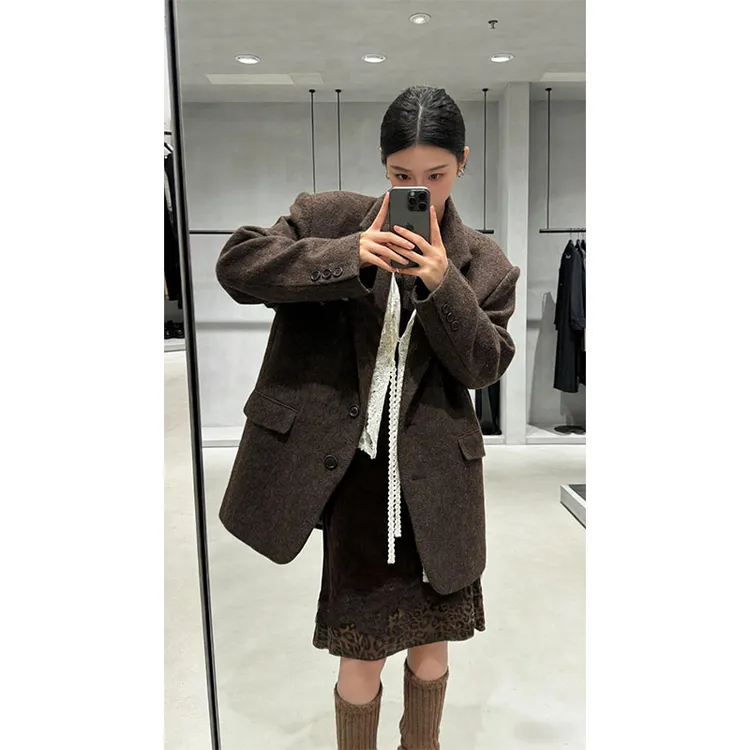 韩系一整套秋冬穿搭气质富家千金咖色西装外套内搭连衣裙两件套女