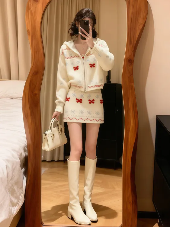 巨好看冬装一整套裙盐系减龄独特漂亮小个子针织外套短裙两件套女