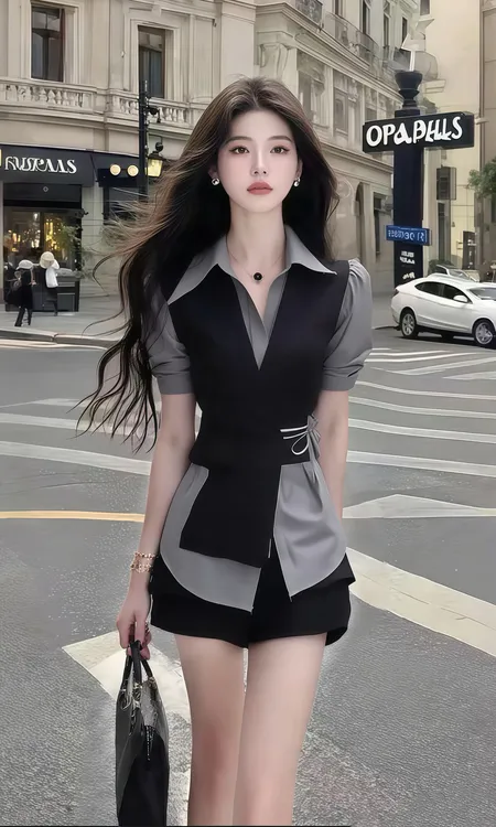 夏季温柔知性风设计感衬衫领修身收腰短袖灰色两件套女气质女装