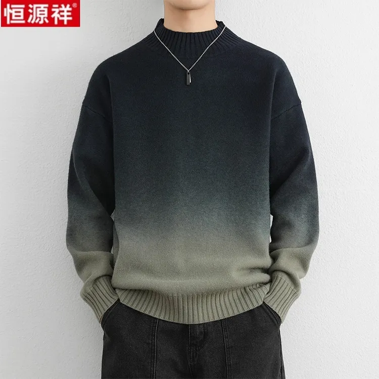 恒源祥2025秋冬季拼色青年男装加绒加厚毛衣男士半高领保暖针织衫
