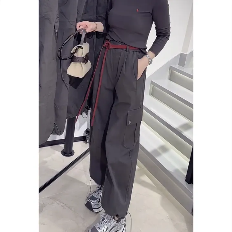 艾塔莉秋季女新款休闲裤宽松百搭工装裤高腰时尚九分大口袋束脚裤