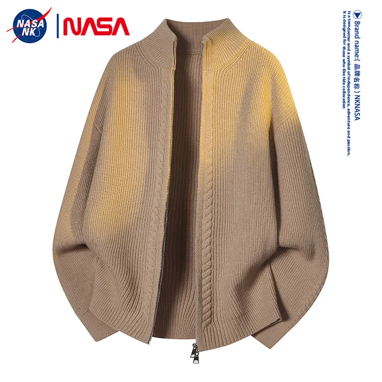 NASA联名简约纯色立领开衫毛衣男秋冬季休闲针织衫外套夹克线衣服