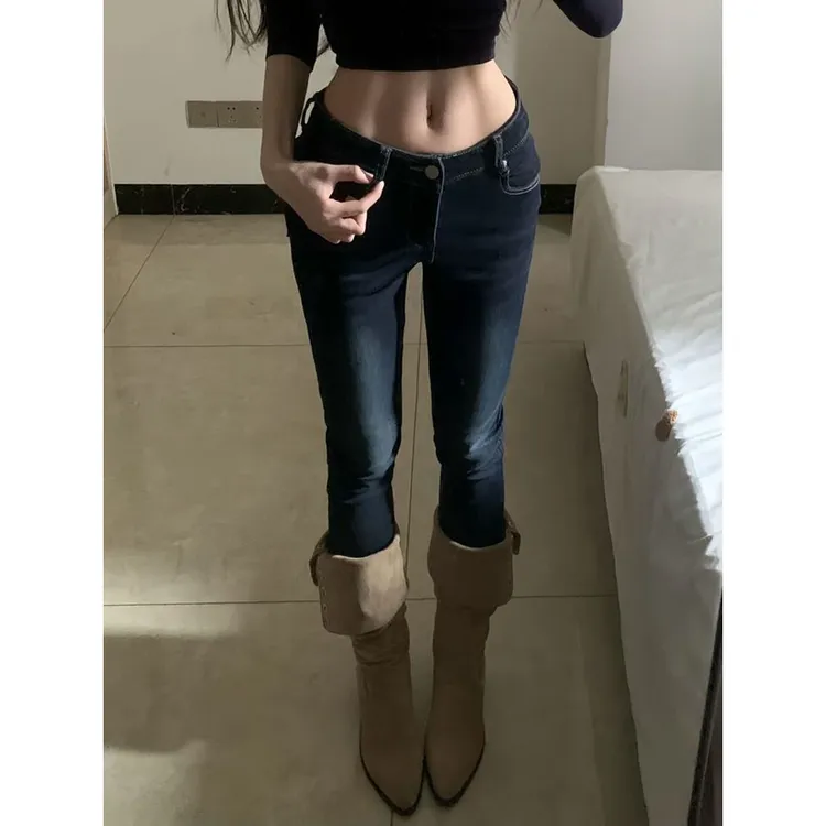 美式辣妹显瘦弹力低腰九分牛仔裤女2025冬季新款修身百搭小脚裤子