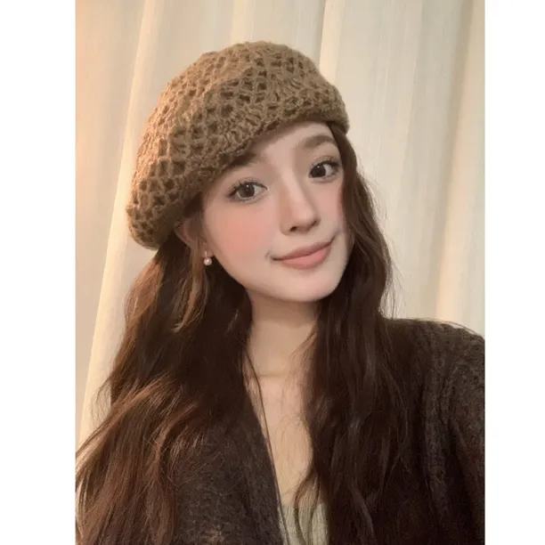钩针镂空贝雷帽子女秋冬季手工针织帽文艺百搭画家帽女款毛线帽