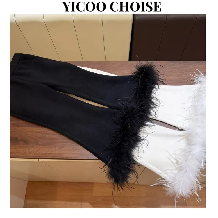 （绵羊毛➕鸵鸟毛）YICOO【芭莎之夜】小众高端定制毛毛微喇裤YC256634