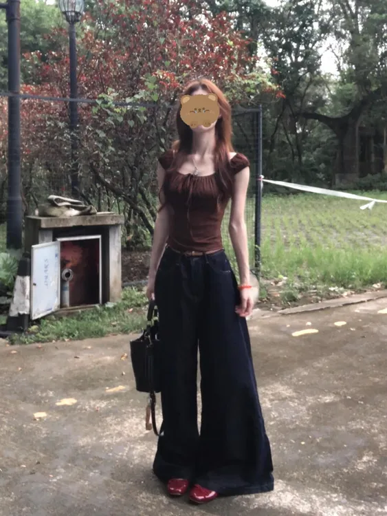 法式复古方领褶皱系带修身短袖t恤女高腰阔腿牛仔裤性感两件套夏