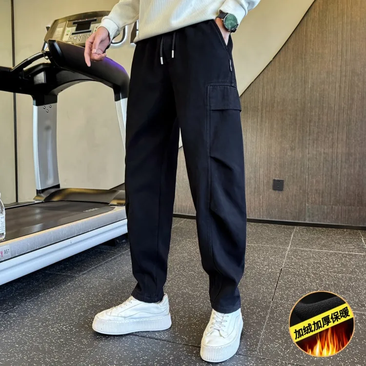 2025冬季新款高品质运动风加绒棉质休闲裤男多口袋宽松百搭工装裤