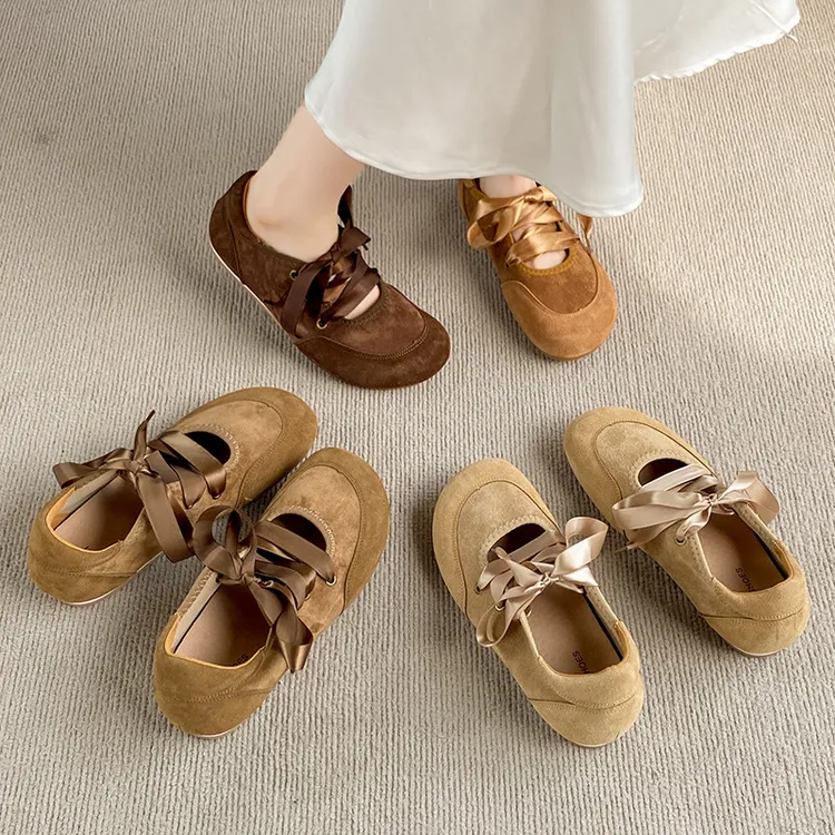 秋季新款大码女鞋复古风蝴蝶结带芭蕾舞鞋玛丽珍鞋软平底舒适单鞋