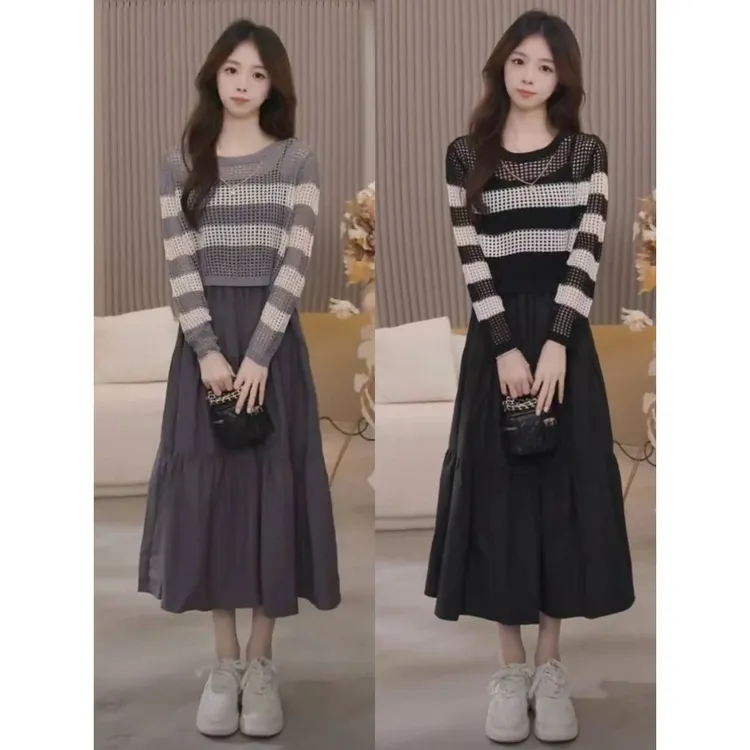 气质显瘦长裙秋季针织连衣裙套装黑色灰色两件套韩版宽松中长款