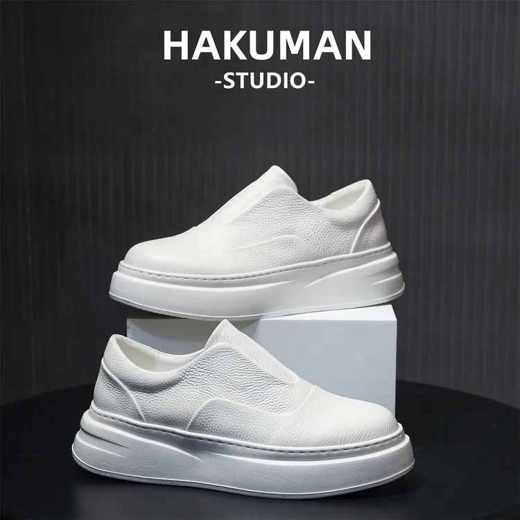 HAKUMAN头层牛皮小白鞋开车男鞋厚底增高一脚蹬百搭休闲板鞋男款
