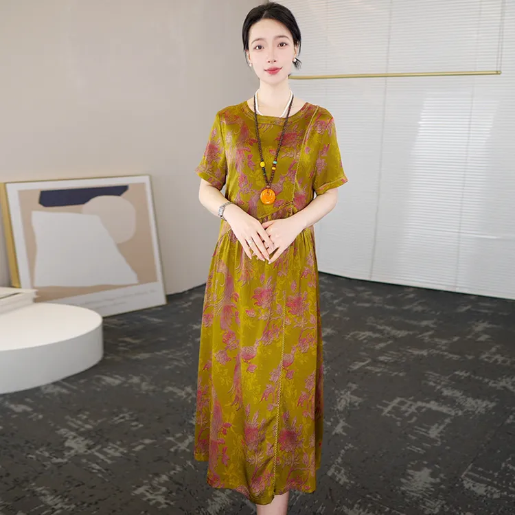 夏季2025杭州真丝时尚浪漫大牌连衣裙女气质妈妈桑蚕丝裙子