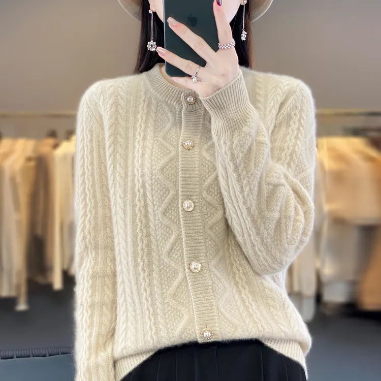 哥弟阿玛施正品秋季女士时尚休闲百搭针织羊毛圆领长袖开衫毛衣