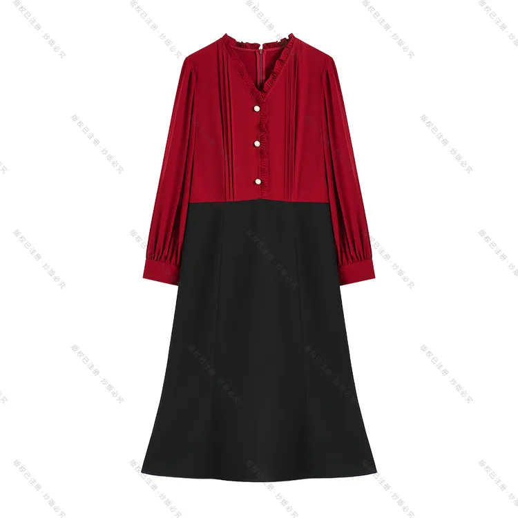 【南油虹姐】秋季新款V领木耳边拼接收腰优雅时尚时显瘦连衣裙