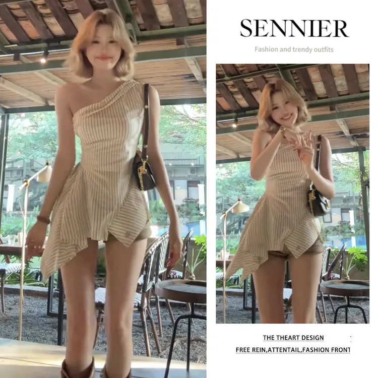 今年流行穿搭一整套2025夏季爆款斜肩不规则上衣显瘦短裤两件套