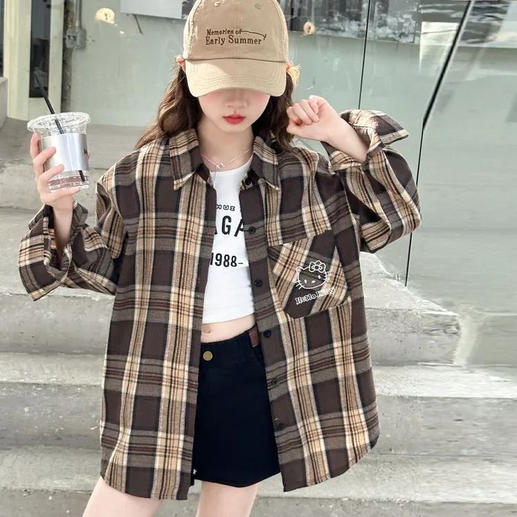 女童衬衫外套2025新款儿童洋气时髦格子衬衣女孩秋季长袖上衣外穿