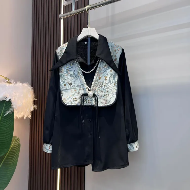 欧货洋气百搭新年款高端大气拼接流苏设计感显瘦女人衫潮【衣长75】