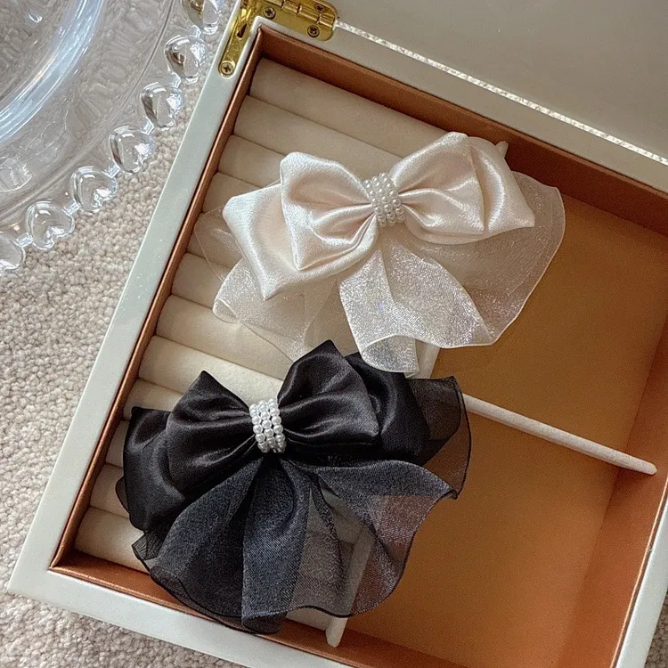 仙气优雅欧根纱蝴蝶结发夹女式弹簧夹气质珍珠头饰